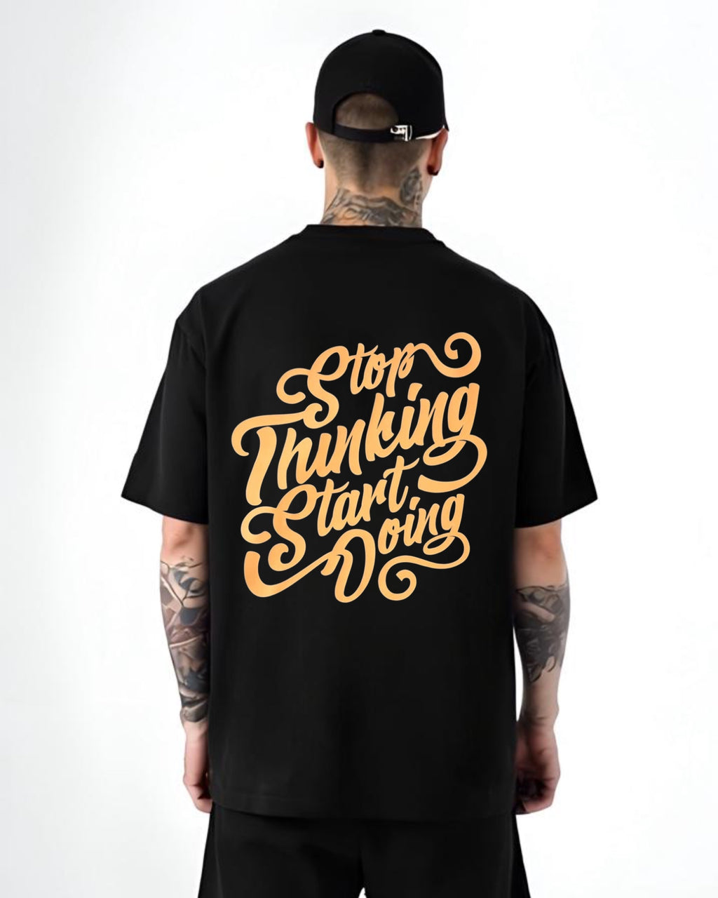 "Stop Thinking Start Doing Black Oversized T-Shirt for Men | Motivational Graphic Tee"