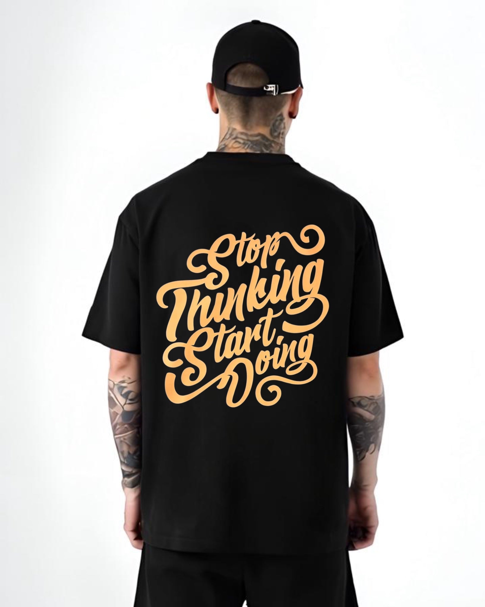 "Stop Thinking Start Doing Black Oversized T-Shirt for Men | Motivational Graphic Tee"